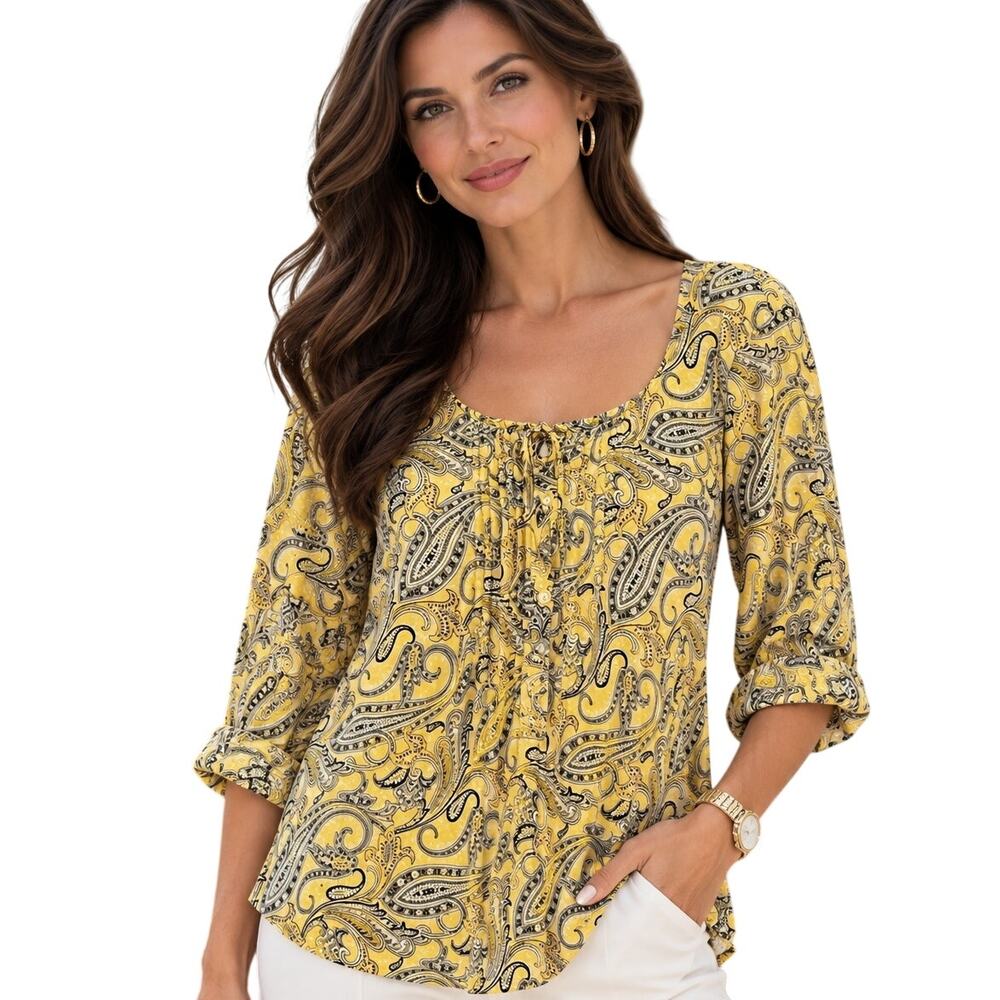 LRL Lauren Jeans Co Yellow Paisley Knit Top Womens Size XL Preppy Cotton Tee